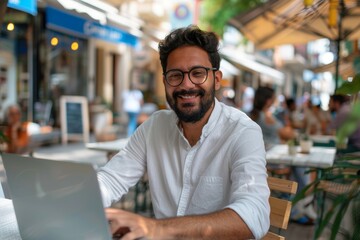 Obraz premium A happy man in a white shirt with glasses and a beard works on his laptop at a bustling outdoor café