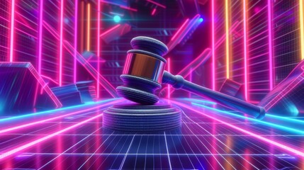 Futuristic digital court concept with glowing gavel in cyberspace