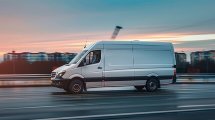 Modern delivery shipment cargo courier van moving fast on motorway road, Business logistics express service. hyper realistic 