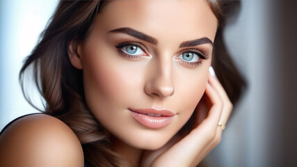 Beautiful young woman face Portrait. Female caucasian model Girl with Perfect Fresh Clean Skin. touch skin looking at camera and smiling. Youth and Skin Care Concept. Spa and resort, blur background