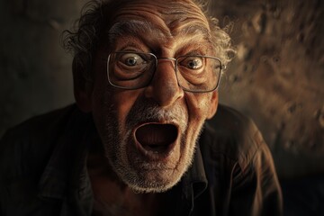 Senior man showing strong emotion with wide eyes and open mouth in close-up shot