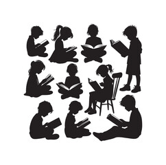 boy and girl reading book silhouette  illustration collection