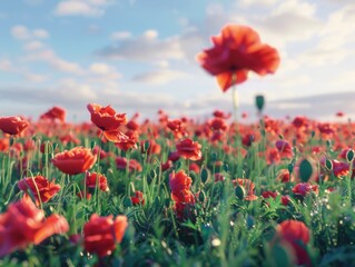 Field of red flowers with single red flower in foreground