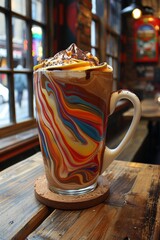 Naklejka premium A cup of a coffee with swirls in it sitting on top of the table, AI