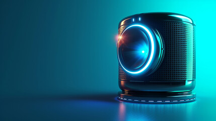 A futuristic speaker with a holographic display on a vibrant aqua solid background