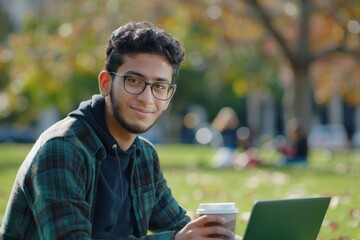 Fototapeta premium A young man with glasses and a plaid shirt sits in a park with a laptop and coffee, surrounded by autumn leaves