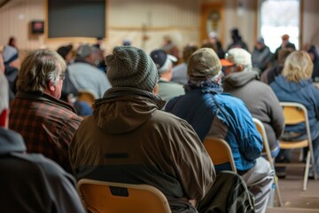 Fototapeta premium An attentive audience, dressed in warm, casual attire, listens intently at a community meeting held in a cozy, indoor setting