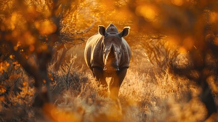 Rhino is walking through field of dry grass