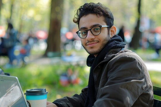 A young, curly-haired man wearing glasses sits in a park, working on a laptop and holding a coffee cup