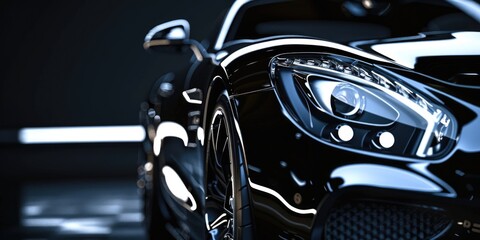 Black car with shiny finish and chrome headlight