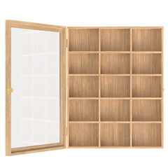 3D rendering illustration of a wall mounted wooden showcase
