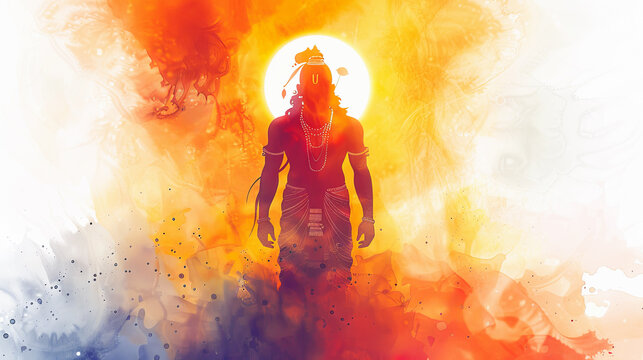 Beautiful digital painting of Lord Rama in glowing sunset scenery