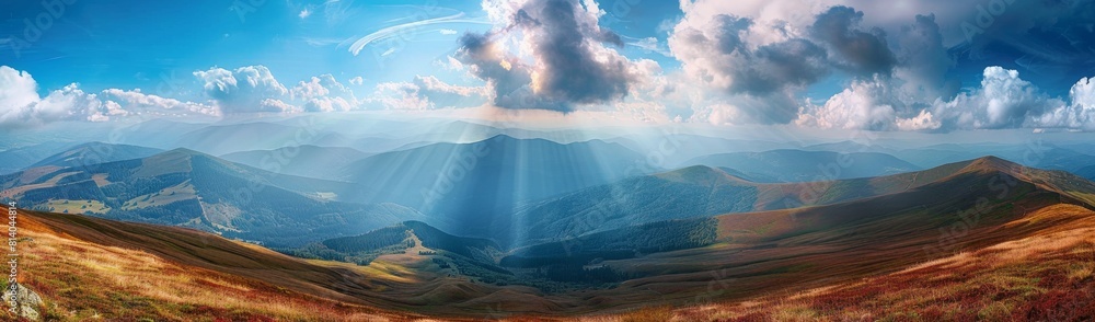 Poster a panoramic view of the carpathian mountains with mountains stretching into the distance and sun ray