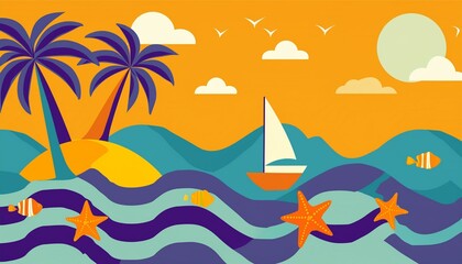 Illustration of an island, rippled sea waves, starfish and fish