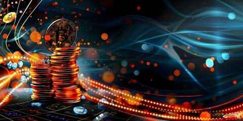 Golden coin jackpot slot machine banner for casino advertising and promotions. Concept Casino Advertisement, Slot Machines, Jackpot Wins, Golden Coins, Promotional Banner