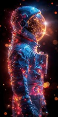 Astronaut profile with fiery cosmic lights