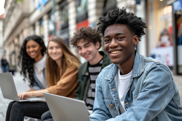 Fototapeta premium Four happy students of diverse ethnicities engaging with a laptop together on a bustling city street, exuding friendship and joy