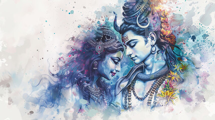 Beautiful digital painting of lord Shiva and Parvati in a divine embrace on a white background perfect for art lovers