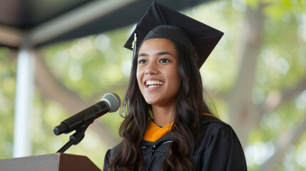 Smiling young woman delivering a graduation speech under a canopy