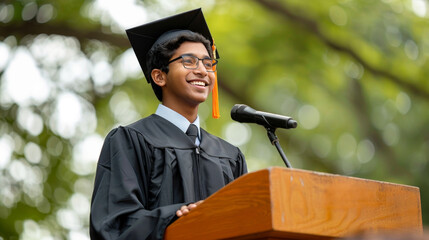 Young Indian male graduate joyfully speaking at his graduation