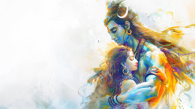Beautiful digital painting of lord Shiva and Parvati in a divine embrace on a white background perfect for art lovers