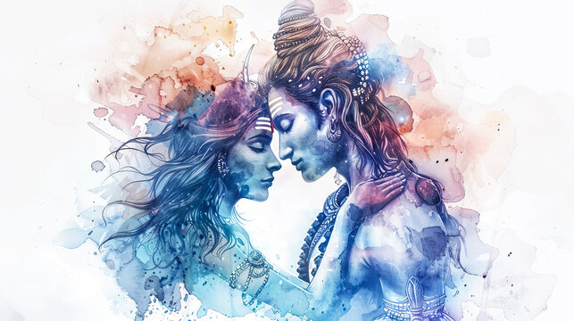 Beautiful digital painting of lord Shiva and Parvati in a divine embrace on a white background perfect for art lovers
