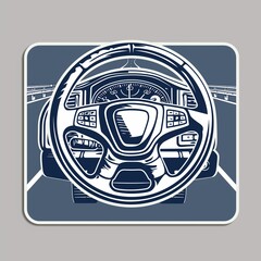 A truck driver's steering wheel and road illustration style sticker with normal colors, white outline on a solid road gray background, no shadow or gradient.