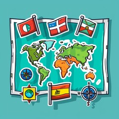 A tour guide's map and flag illustration style with normal colors sticker, white outline on a solid turquoise background, no shadow or gradient.