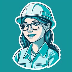 A young engineer illustration style sticker with white outline on a solid aquamarine background without any shadow or gradient.