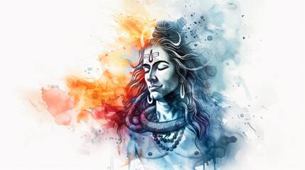 Fototapeta premium Beautiful digital painting of lord Shiva with a third eye and flames of wisdom on white background.