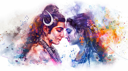 Beautiful digital painting of lord Shiva and Parvati in a heavenly setting perfect for home decor