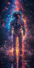 Astronaut standing amidst cosmic lights