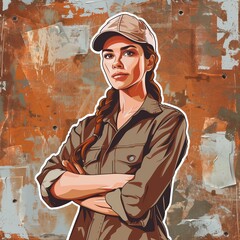 A young female mechanic illustration style sticker with white outline on a solid rust background without any shadow or gradient.