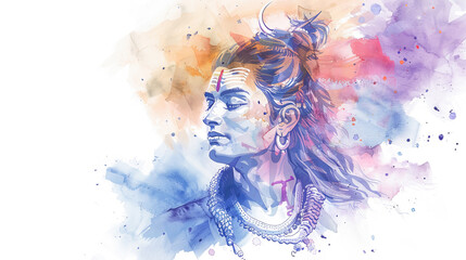 Beautiful digital painting of serene lord Shiva exuding compassion on a white backdrop.