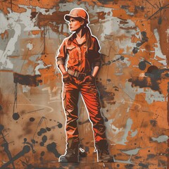 A young female mechanic illustration style sticker with white outline on a solid rust background without any shadow or gradient.
