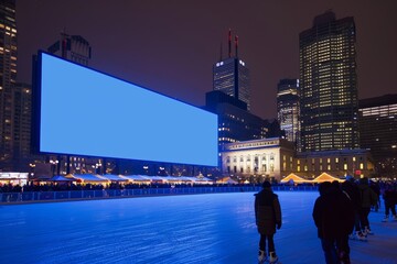 People skate at a vibrant urban ice rink during a winter evening, with a large blank billboard dominating the background against a cityscape