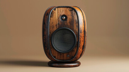A rustic wooden speaker with leather accents on a warm tan solid background