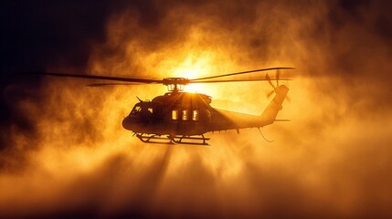 A helicopter flying through the clouds with a bright sun behind it, AI