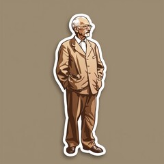 An elderly tailor illustration style sticker with white outline on a solid bronze background without any shadow or gradient.