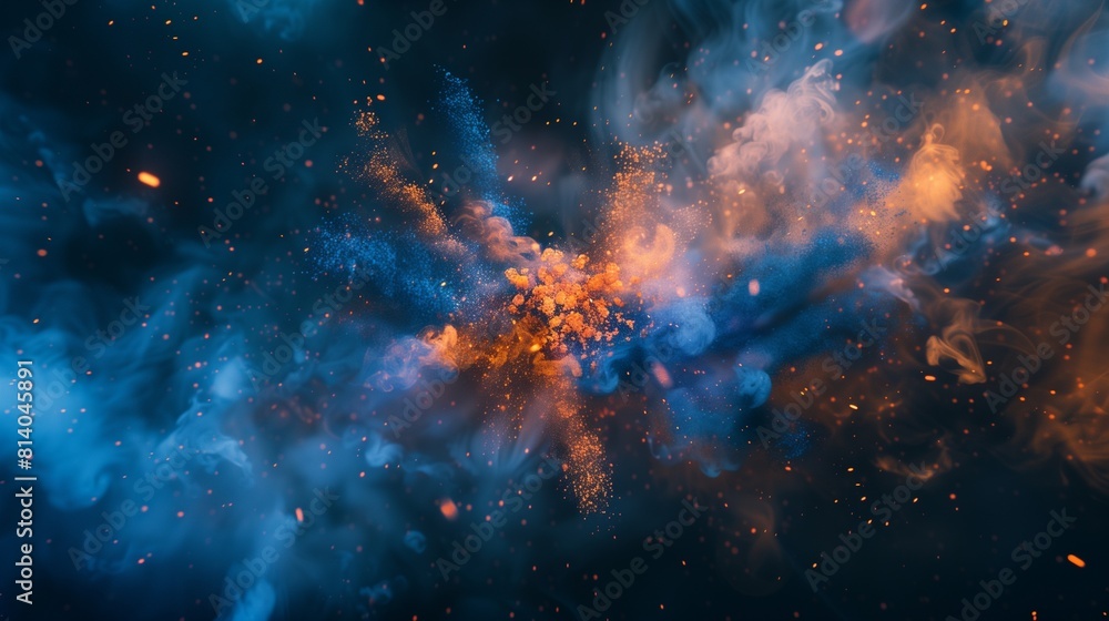 Wall mural an immersive and captivating illustration of abstract blue and orange color powder exploding in a bu