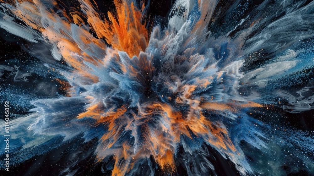 Wall mural an immersive and captivating illustration of abstract blue and orange color powder exploding in a bu