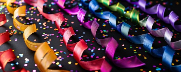 Colorful ribbons and confetti on dark background