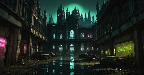 Fototapeta premium Gothic cyberpunk city buildings exterior. Baroque goth sci-fi castle palace. Abandoned futuristic dystopia reclaimed ancient ruins with colored stain glass.