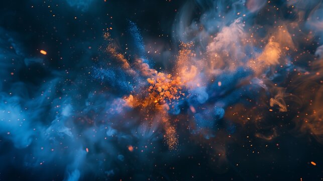 An immersive and captivating illustration of abstract blue and orange color powder exploding in a burst of color on a rich black backdrop