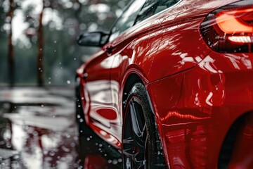 Red car parked in the rain, suitable for automotive and weather themes