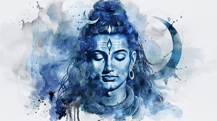 Beautiful digital artwork of lord Shiva with a crescent moon on a white background.