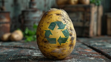 Potato with recycling symbol painted on it