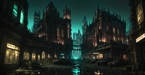 Fototapeta premium Gothic cyberpunk city buildings exterior. Baroque goth sci-fi castle palace. Abandoned futuristic dystopia reclaimed ancient ruins with colored stain glass.