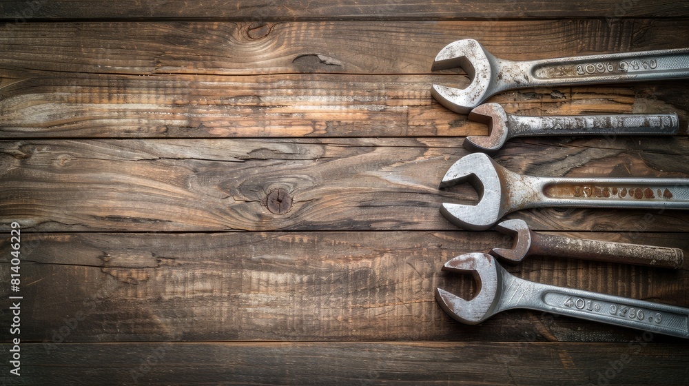Poster rhythms of craft: array of wrenches on wooden canvas