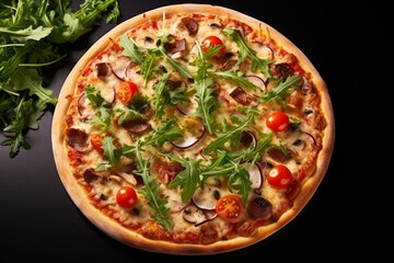 Delicious pizza topped with arugula, tomatoes, and meats on a black background